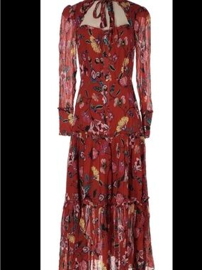 Alexis Womens Rustic Floral Morgana Long MIDI Red Dress Sz S $560